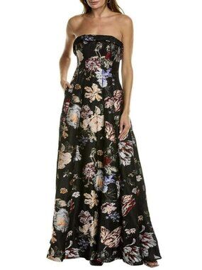 Marchesa Notte Strapless Floral Jacquard Evening Gown Black Size 12 New